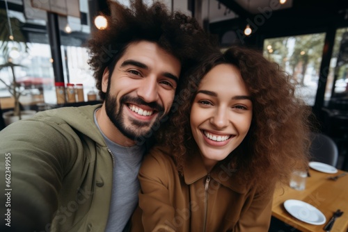 Couple of woman and man of different nationalities take selfie on their phone and smile while sitting in cafe © Good AI