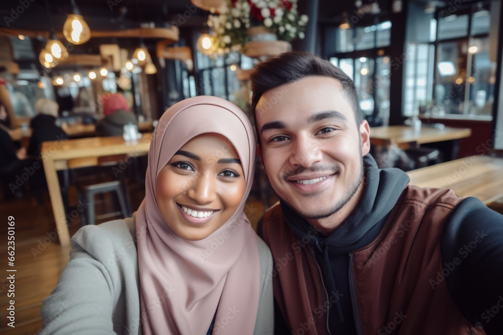 Couple of woman and man of different nationalities take selfie on their phone and smile while sitting in cafe Couple of woman and man of different nationalities take selfie on their phone and smile while sitting in cafe