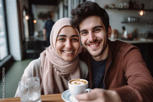 Couple of woman and man of different nationalities take selfie on their phone and smile while sitting in cafe