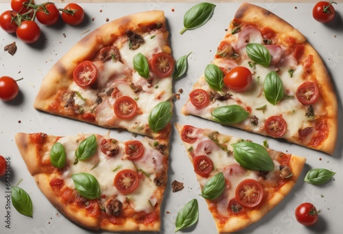 tasty pizza with ingredients on table tasty pizza with ingredients on table tasty pizza with tomatoes, mozzarella, basil, mozzarella cheese and basil. 