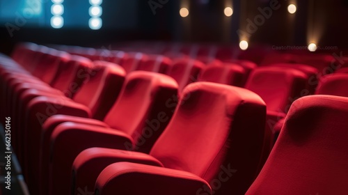 red chairs lined up inside a cinema, theater. generative AI