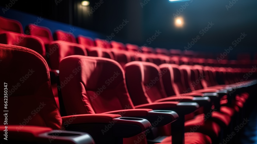 Obraz premium photo of red chairs in a cinema. rows of red chairs in a theater. generative AI
