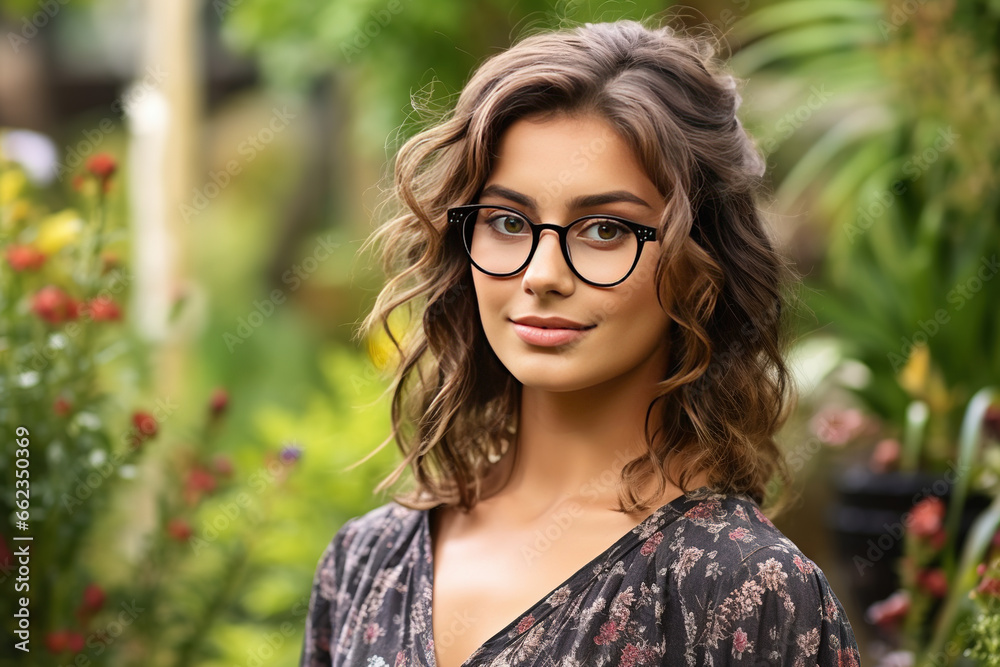 Smiling young brunette posing at a beautiful garden wearing eyeglasses looking at the camera Smiling young brunette posing at a beautiful garden wearing eyeglasses looking at the camera