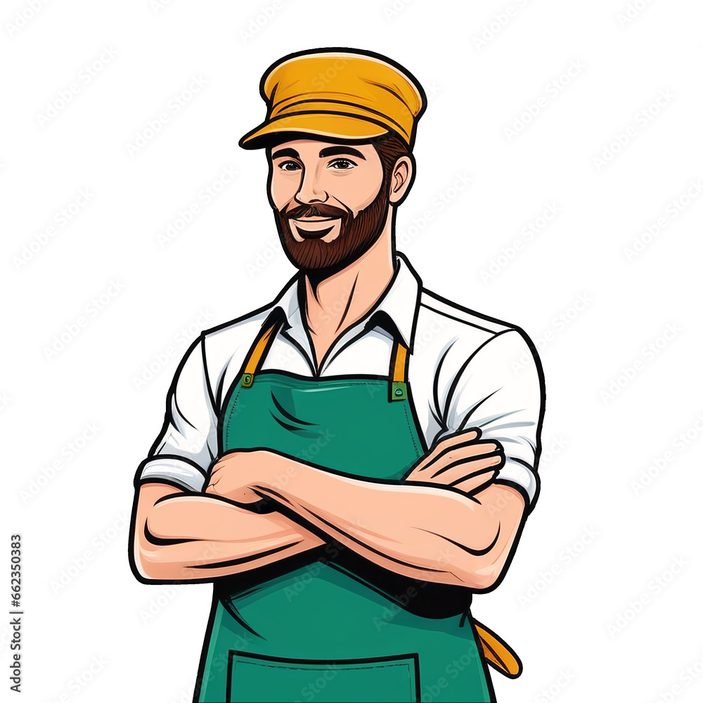 Illustration of a worker in apron armsm crossed generated by AI Illustration of a worker in apron armsm crossed generated by AI