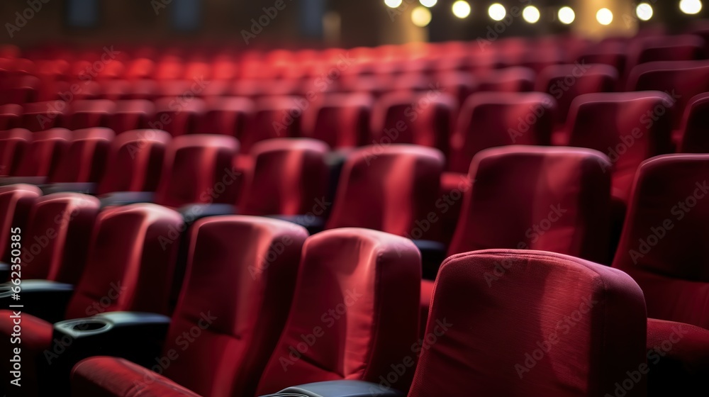 red chairs lined up inside a cinema, theater. generative AI