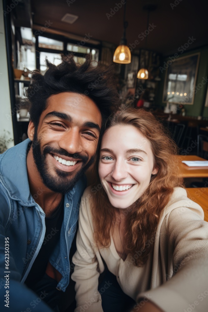 Couple of woman and man of different nationalities take selfie on their phone and smile while sitting in cafe Couple of woman and man of different nationalities take selfie on their phone and smile while sitting in cafe