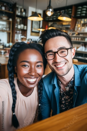 Wallpaper Mural Couple of woman and man of different nationalities take selfie on their phone and smile while sitting in cafe Torontodigital.ca