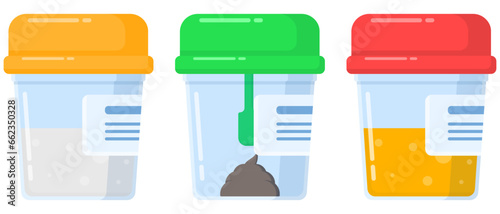Vector illustration
 in cartoon style. Test tubes with caps of different colors. Sample cups for analysis. Plastic containers with analysis of biomaterials. Sperm, stool and urine.