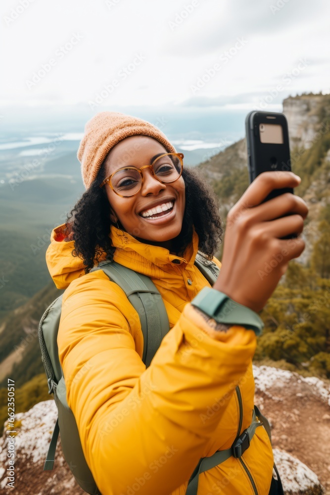Woman with glasses takes selfie on top of mountain and smiles, happy woman