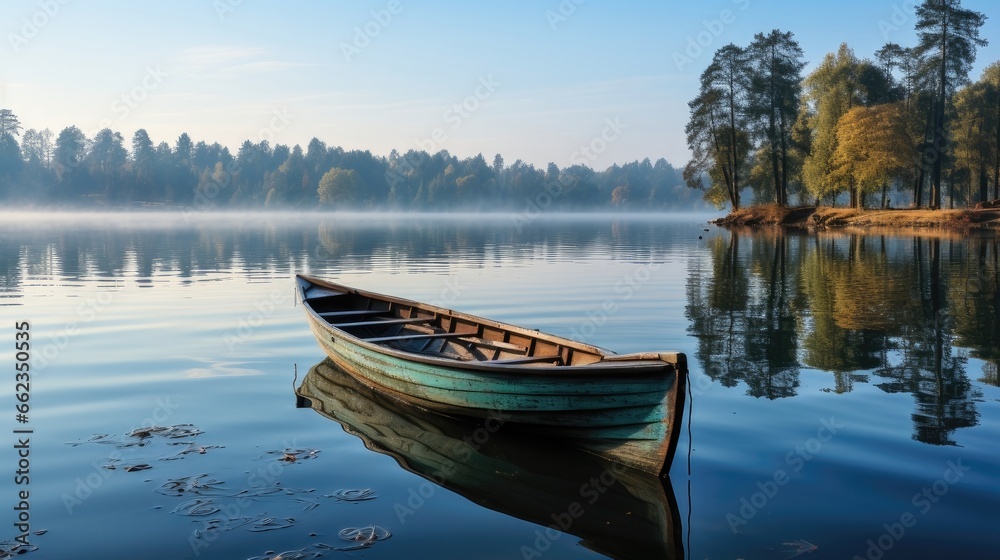 Serene Morning Lake View from Wooden Boat. Wide Banner with Sky Above