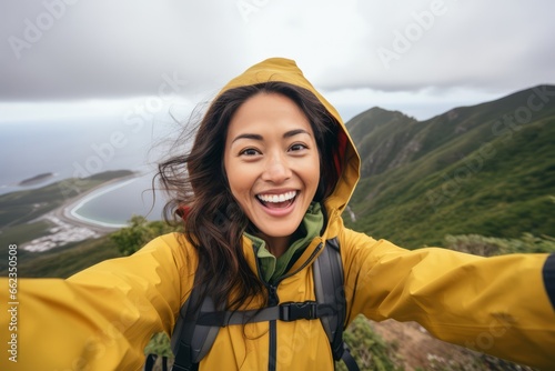 Woman glasses takes selfie on top of mountain and smiles, happy woman © Good AI