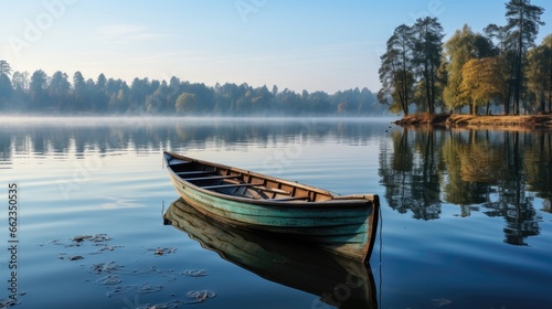 Serene Morning Lake View from Wooden Boat. Wide Banner with Sky Above © Alexander Beker