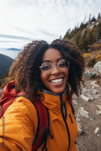 Woman with glasses takes selfie on top of mountain and smiles, happy woman © Good AI