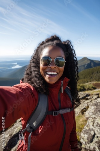 Woman with glasses takes selfie on top of mountain and smiles, happy woman
