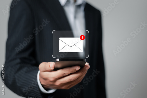 New email notification concept. Businessman receives email notification, business email communication and digital marketing, newsletter, message, sms, electronic communication technology.