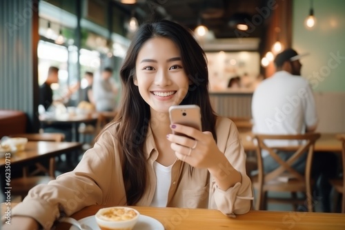 Beautiful young woman takes selfie on her phone while sitting in cafe