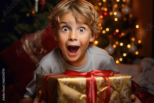 Excited little boy holding Christmas present on Christmas night