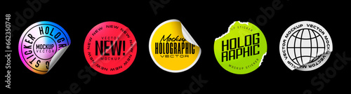 Color stickers, paper round sticker with wrinkles and bent edges. Vector realistic mockup set of circle sticky tags and labels with folds isolated on black background. Vector illustration