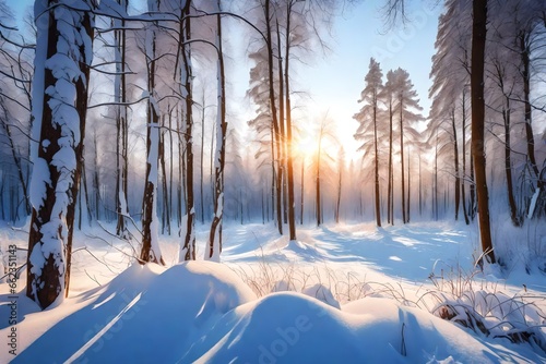 beautiful snowy winter landscape panorama with forest and sun. winter sunset in forest panoramic view. sun shines through snow covered trees