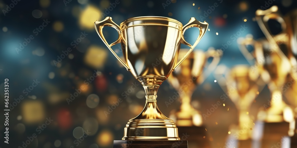 a luxurious gold trophy with twinkling light effects behind it. generative AI a luxurious gold trophy with twinkling light effects behind it. generative AI