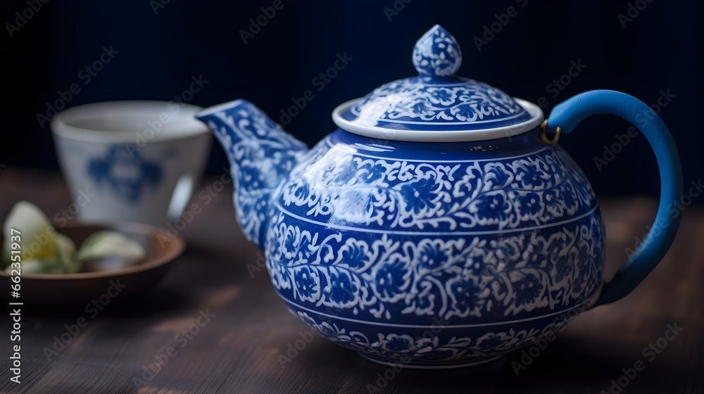 White and blue porcelains teapot and tea cup White and blue porcelains teapot and tea cup