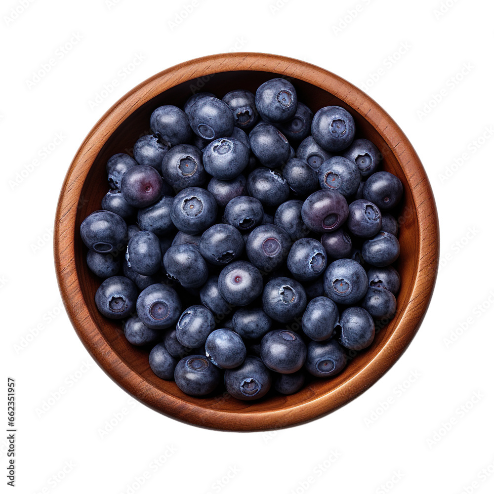Top view of blueberries fruit in a wooden bowl isolated on a white transparent background Top view of blueberries fruit in a wooden bowl isolated on a white transparent background