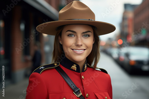 Beautiful smiling young female Canadian mounty looking at the camera photo