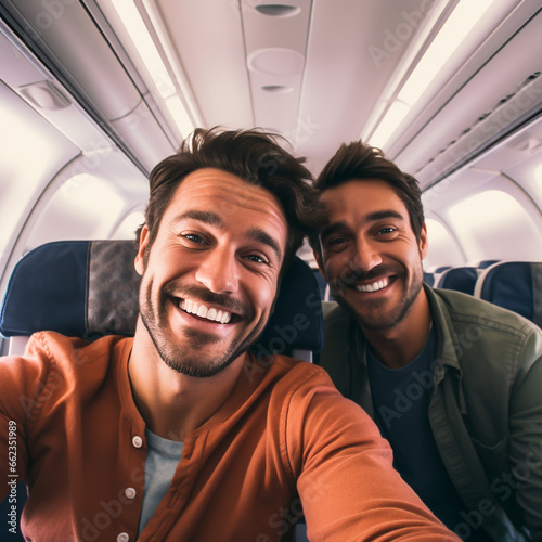 HAPPY GAY COUPLE TAKING SELFIE IN THE AIRPLANE CABIN. image created by legal AI