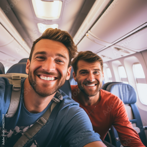 HAPPY GAY COUPLE TAKING SELFIE IN THE AIRPLANE CABIN. image created by legal AI © PETR BABKIN
