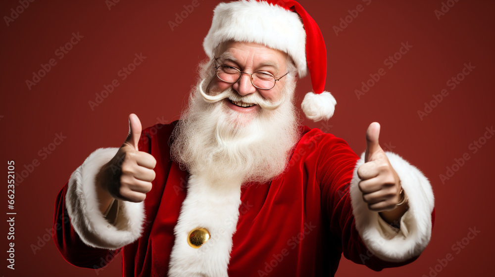 SANTA CLAUS SHOWING THUMBS UP ON RED BACKGROUND HORIZONTAL IMAGE. image created by legal AI
SANTA CLAUS SHOWING THUMBS UP ON RED BACKGROUND HORIZONTAL IMAGE. image created by legal AI
