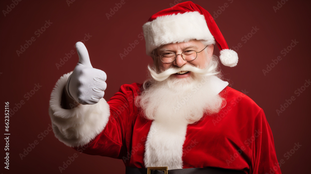 SANTA CLAUS SHOWING THUMBS UP ON RED BACKGROUND HORIZONTAL IMAGE. image created by legal AI
SANTA CLAUS SHOWING THUMBS UP ON RED BACKGROUND HORIZONTAL IMAGE. image created by legal AI