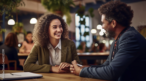 HAPPY INTERNATIONAL, FEMALE STUDENT TALKING TO TEACHER, IN TRAINING CENTER. image created by legal AI