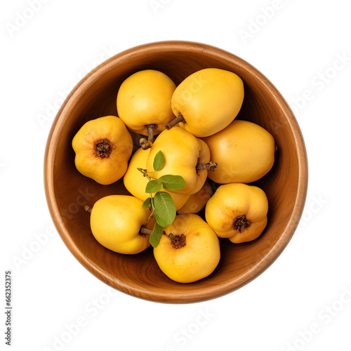 Top view of quinces fruit in a wooden bowl isolated on a white transparent background 