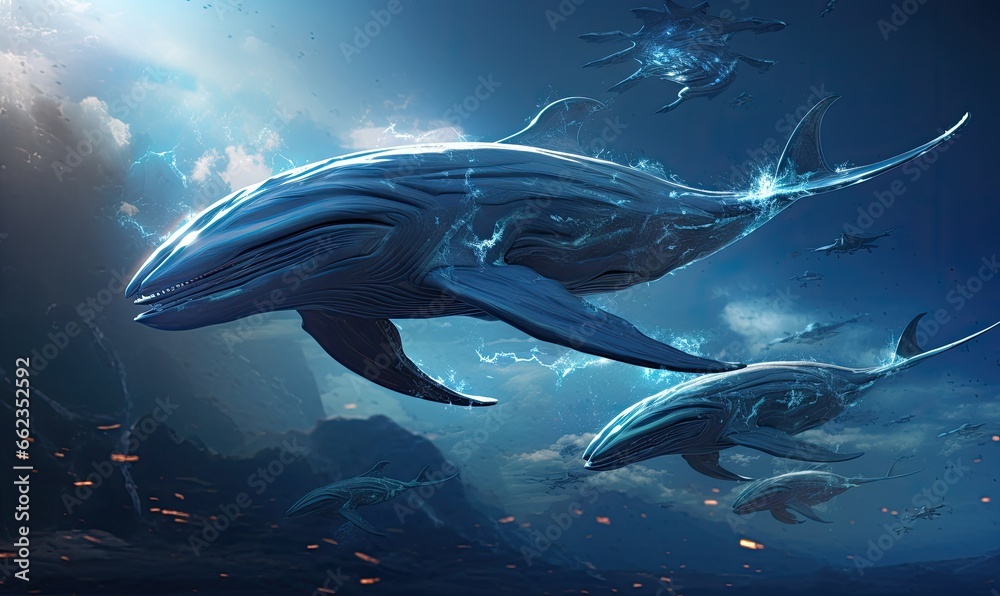 The mesmerizing sight of blue whales swimming in the deep blue ocean captivates all who witness it.