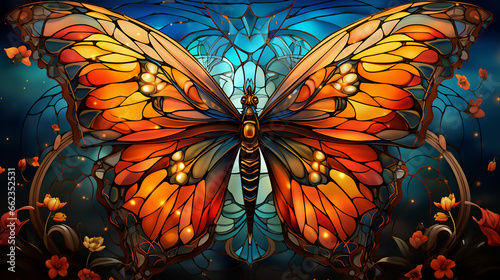 Stained glass window of abstract background with Butterfly  in the church.  butterfly on the window