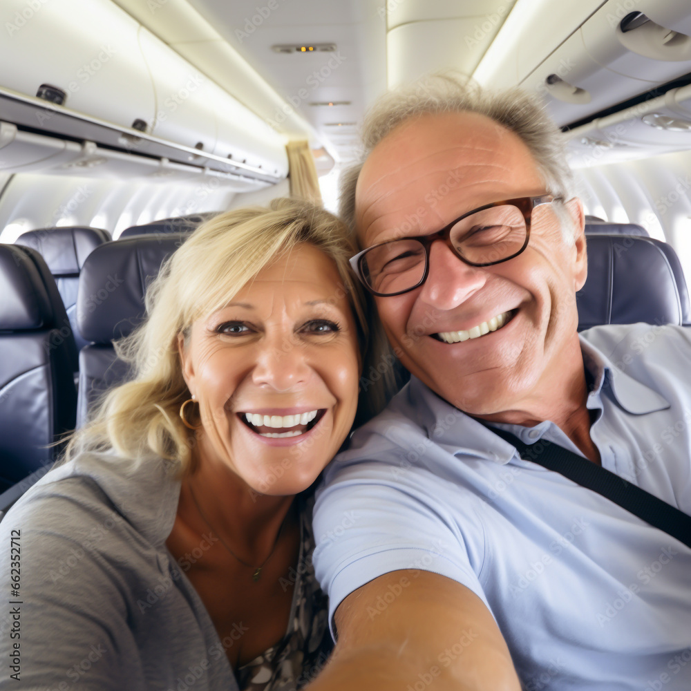MATURE COUPLE HUSBAND AND WIFE TAKING SELFIE ON PLANE. image created by legal AI MATURE COUPLE HUSBAND AND WIFE TAKING SELFIE ON PLANE. image created by legal AI