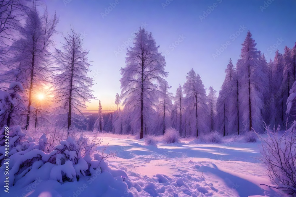 
beautiful winter landscape with forest, trees and sunrise. winterly morning of a new day. purple winter landscape with sunset 