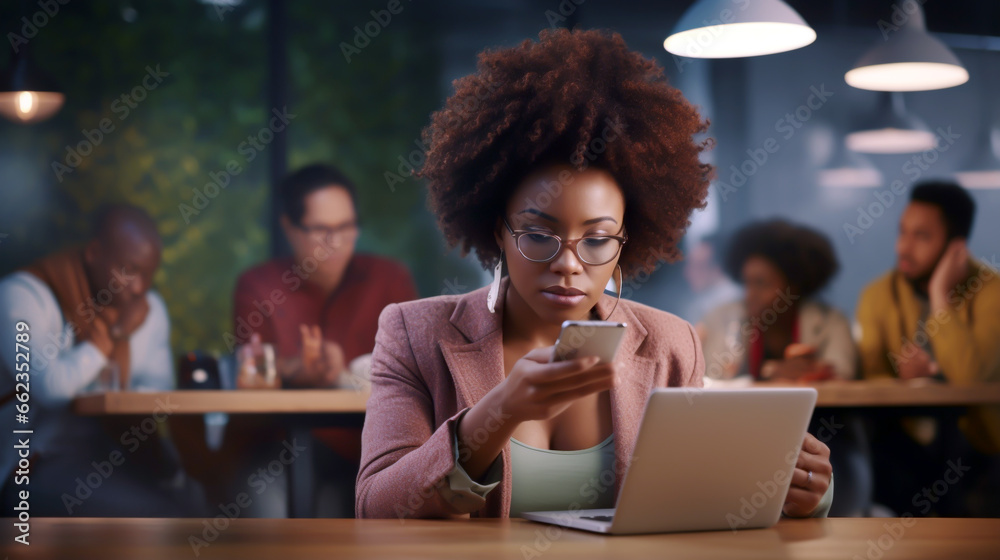 Obraz premium BUSINESS AFRICAN WOMAN WORKING WITH LAPTOP AND SMARTPHONE AT THE SAME TIME. image created by legal AI