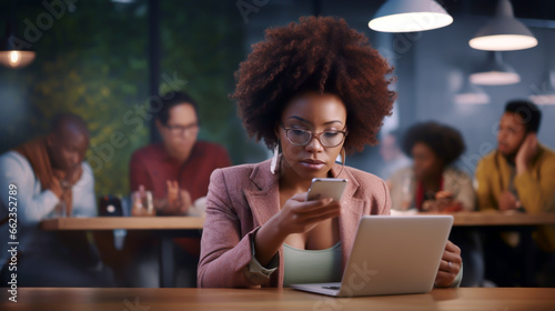BUSINESS AFRICAN WOMAN WORKING WITH LAPTOP AND SMARTPHONE AT THE SAME TIME. image created by legal AI