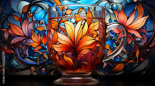 Abstract background with leaves on tea glass.