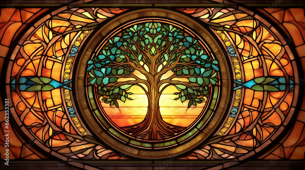 Illustration in stained glass style with tree on a dark background. - obrazy, fototapety, plakaty 