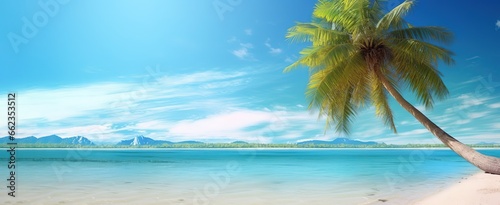 photo of a wide expanse of beach with palm trees decorated with bright blue skies. generative AI
