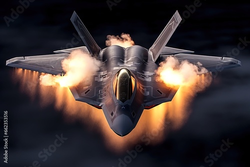 Fighter jet in the dark with smoke and fire. Futuristic spaceship flying in the night sky. Generative AI Image photo