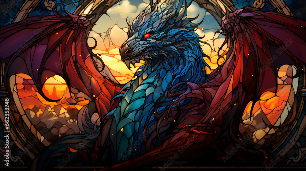 Illustration in stained glass style with abstract dragon on a dark background.