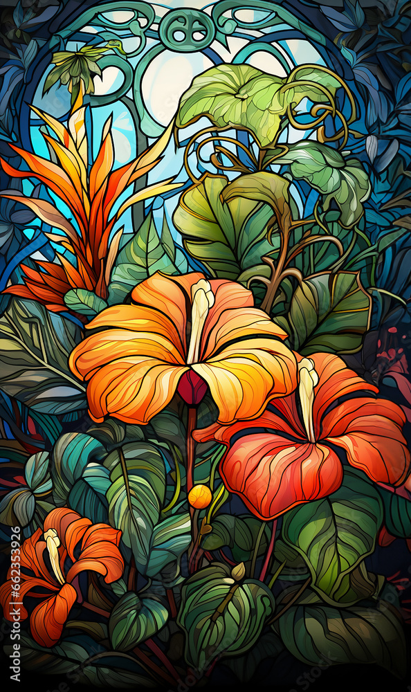 Naklejka premium Illustration in stained glass style with pattern flowers.