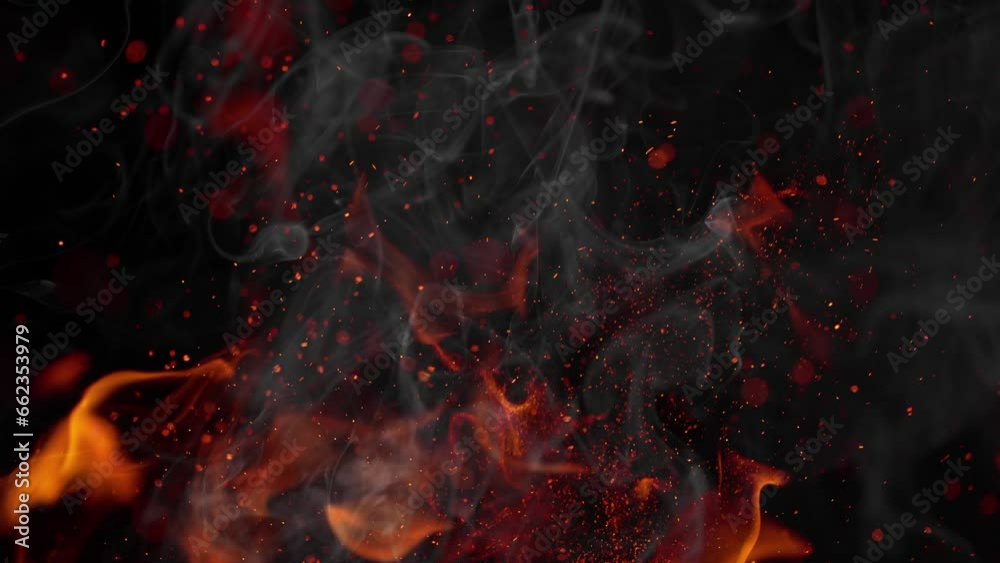 Super Slow Motion Shot of Flames, Smoke and Sparks Isolated on Black Background at 1000fps.