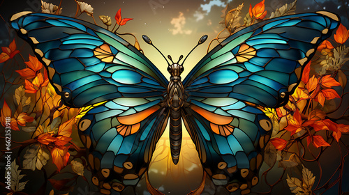 Illustration in stained glass style with butterfly on a black background.