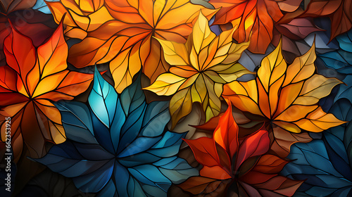 Illustration in stained glass style with autumn leaves pattern.