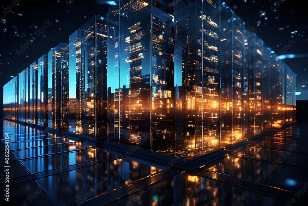Ultra high performance servers in data center rack, operating at full load with stability and optimum processing power, generative AI Ultra high performance servers in data center rack, operating at full load with stability and optimum processing power, generative AI
