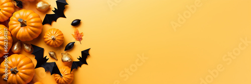 Modern Halloween background with natural pumpkins, autumn leaves, candy corn, bats, and decorations isolated on a yellow background